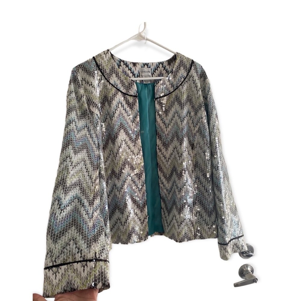 Chico Women's Shimmer Kat's Meow Sequin Jewel Jacket/Blazer Seascape: Size 2